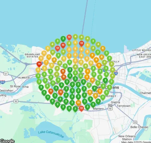 Google Maps rank scan around Metairie and Kenner, with most pins showing top 3 rankings
